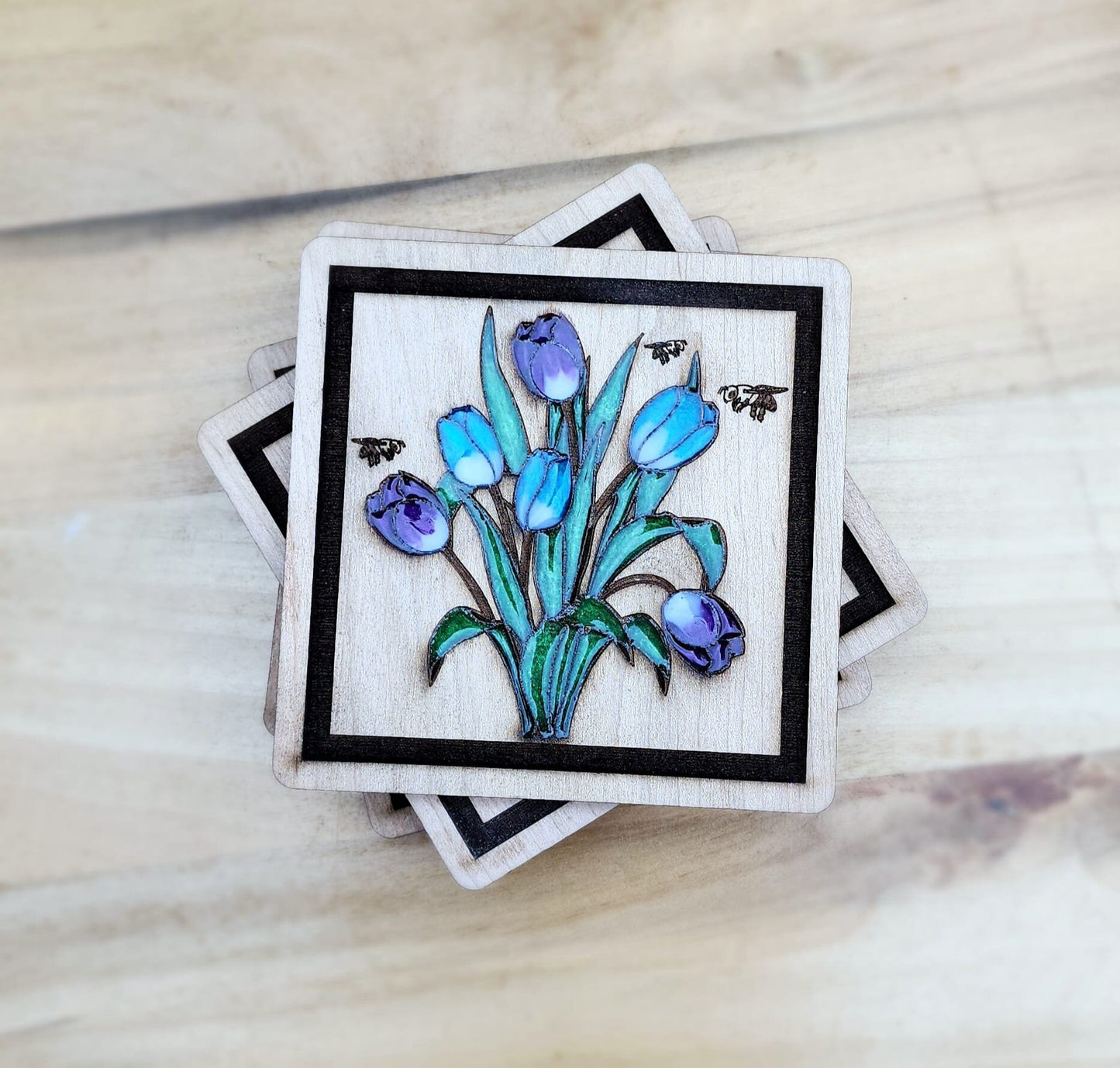 Wood And Resin Coaster, Tulip Coaster, Porta vasos , Coaster gift, Anniversary Gift, Wedding Gift , Occasion Gift, Resin, Wood Art .